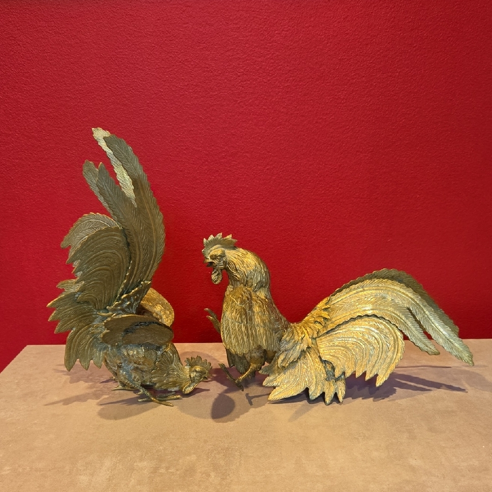 Fighting Roosters Gamecocks Figurine Set Brass Made In Italy
